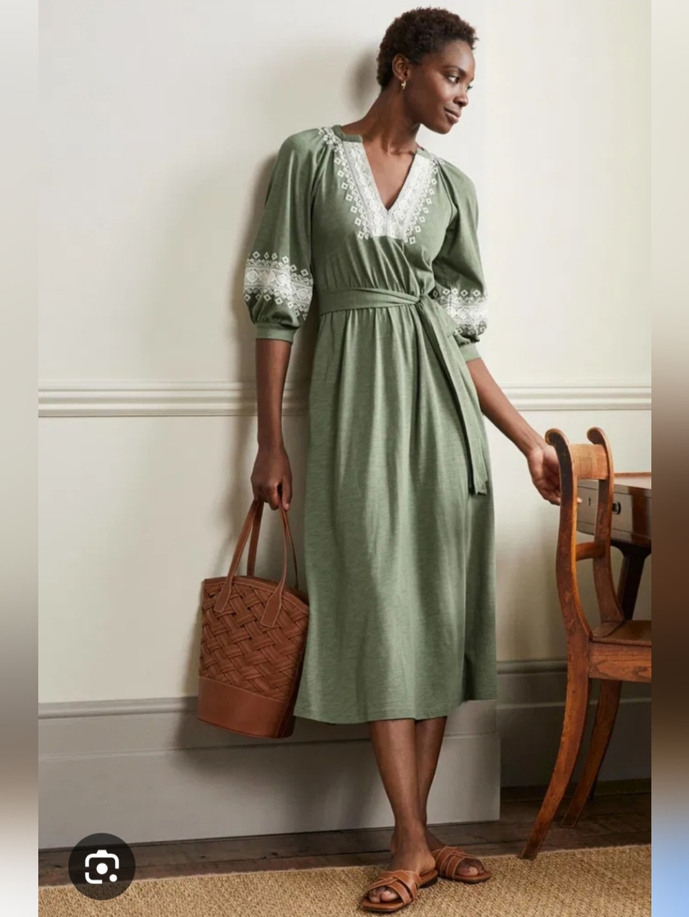 Boden Olive Green Embroidered Midi Wrap Dress